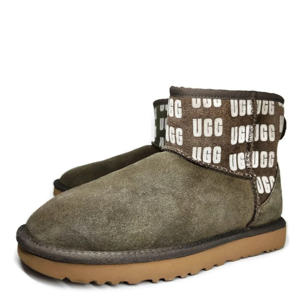 UGG Classic Mini II Logo Slate Grey & White UGG Graphics Shearling Lined Boots - Picture 1 of 11